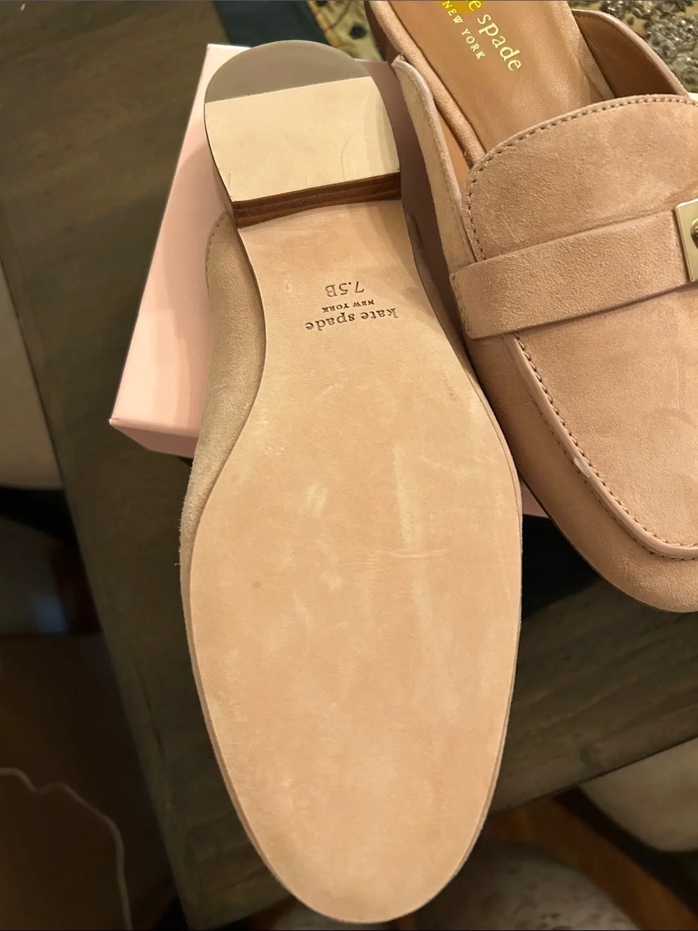 kate spade Blush Pink Suede Backless Loafers with Gold Logo Accent